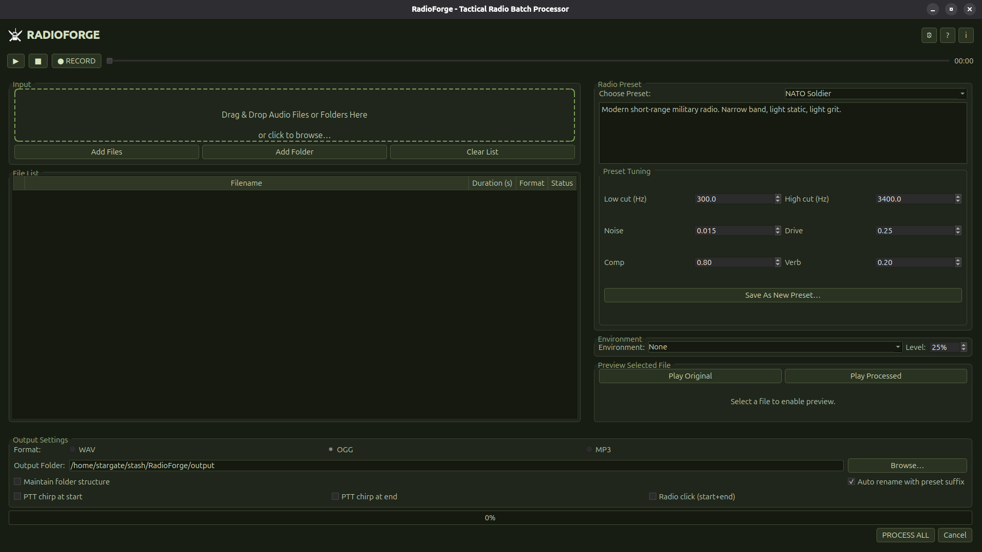 RadioForge application showing recording, radio preset tuning, environmental audio and batch processing